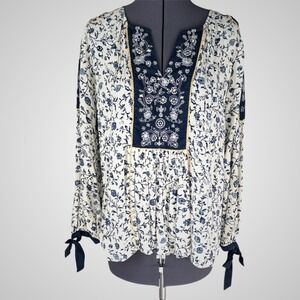 Mystree Floral Embroidered Tunic Blouse Cream Navy Blue Size S